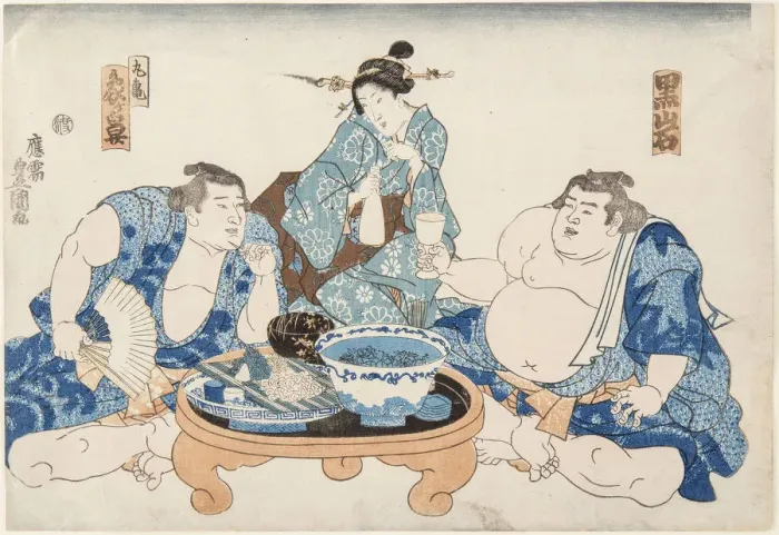 Framed Print : Sumo Wrestlers Kuroiwa and Zogahana with a geisha, ca 1845 Framed Print : Sumo Wrestlers Kuroiwa and Zogahana with a geisha, ca 1845