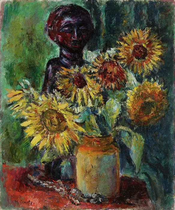 Framed Print : Sun Flowers and a Wooden Sculpture, 1885-1943. Creator: Meri Genetz Framed Print : Sun Flowers and a Wooden Sculpture, 1885-1943. Creator: Meri Genetz