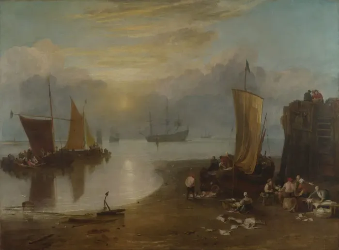 Framed Print : Sun rising through Vapour. Fishermen cleaning and selling Fish, 1804-1806. Artist: Turner, Joseph Mallord William (1775-1851) Framed Print : Sun rising through Vapour. Fishermen cleaning and selling Fish, 1804-1806. Artist: Turner, Joseph Mallord William (1775-1851)