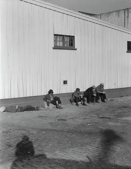 Framed Print : On the sun side of the shed, Transient men, San Francisco, California, 1936. Creator: Dorothea Lange Framed Print : On the sun side of the shed, Transient men, San Francisco, California, 1936. Creator: Dorothea Lange
