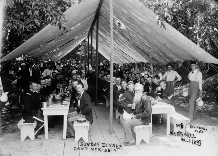 Framed Print : Sunday dinner, Camp McKibbin, Marshall Hall, 1893. Creator: William Cruikshank Framed Print : Sunday dinner, Camp McKibbin, Marshall Hall, 1893. Creator: William Cruikshank