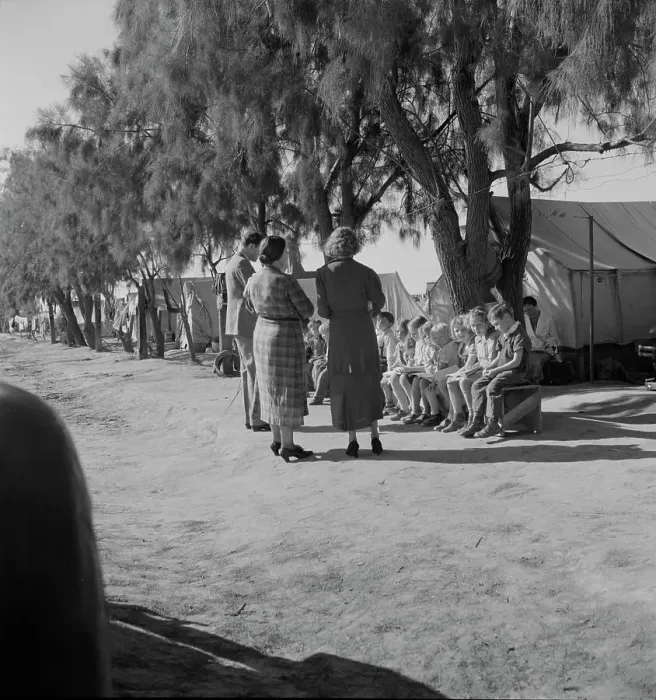 Framed Print : Sunday school for migrant children in a potato pickers camp, Kern County, California, 1937. Creator: Dorothea Lange