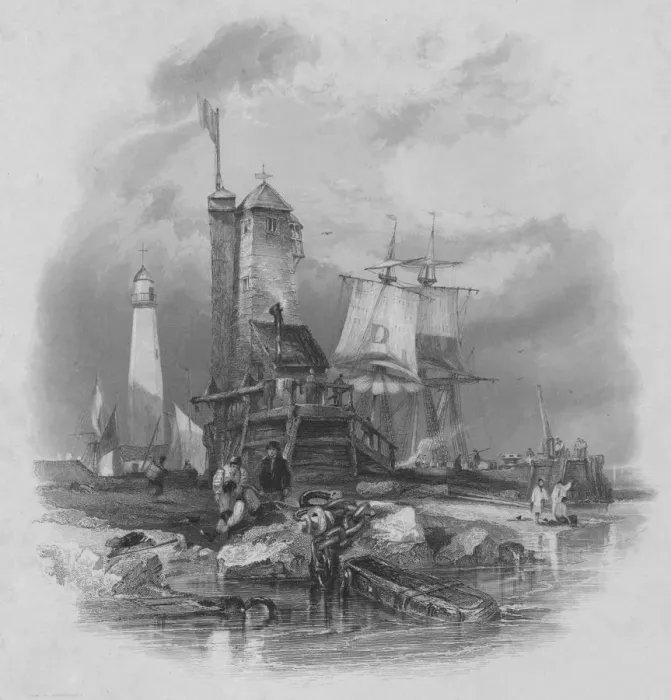 Framed Print : Sunderland: the light house on the south pier, 1836. Artist: Edward Francis Finden Framed Print : Sunderland: the light house on the south pier, 1836. Artist: Edward Francis Finden
