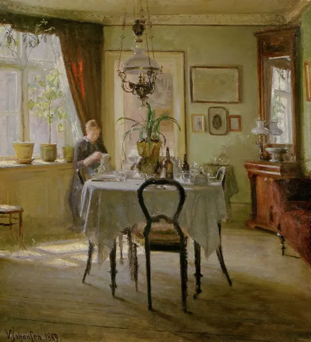 Framed Print : Sunlight in the Dining-room, 1889. Creator: Viggo Johansen Framed Print : Sunlight in the Dining-room, 1889. Creator: Viggo Johansen
