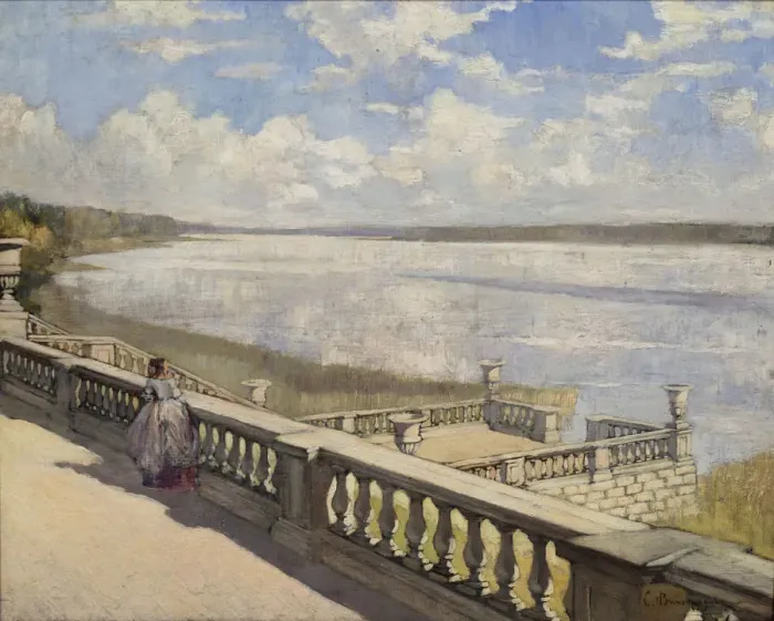 Framed Print : Sunny day. A lady at the balustrade, 1908. Artist: Vinogradov, Sergei Arsenyevich (1869-1938) Framed Print : Sunny day. A lady at the balustrade, 1908. Artist: Vinogradov, Sergei Arsenyevich (1869-1938)