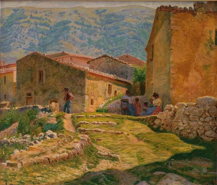 Framed Print : Sunny morning in Civita d'Antino; Sunshine. Before dinner. Civita d'Antino, 1905. Creator: Kristian Zahrtmann Framed Print : Sunny morning in Civita d'Antino; Sunshine. Before dinner. Civita d'Antino, 1905. Creator: Kristian Zahrtmann