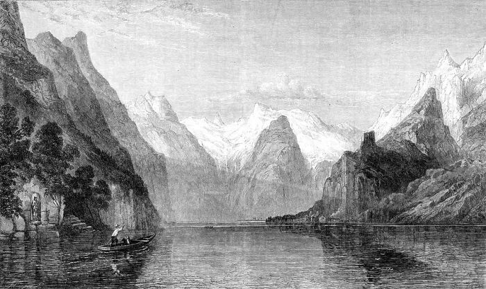 Framed Print : Sunrise on the Königs See, Berchtesgaden, Bavarian Alps, by W. C. Smith, in the exhibition...1864. Creator: J Cooper. Sunrise on the Königs See, Berchtesgaden, Bavarian Alps, by W. C. Smith, in the exhibition...1864 Framed Print : Sunrise on the Königs See, Berchtesgaden, Bavarian Alps, by W. C. Smith, in the exhibition...1864. Creator: J Cooper. Sunrise on the Königs See, Berchtesgaden, Bavarian Alps, by W. C. Smith, in the exhibition...1864