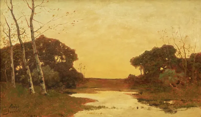Framed Print : Sunrise in the pine forest, 1906. Creator: Bertelli, Luigi (1858-1920) Framed Print : Sunrise in the pine forest, 1906. Creator: Bertelli, Luigi (1858-1920)