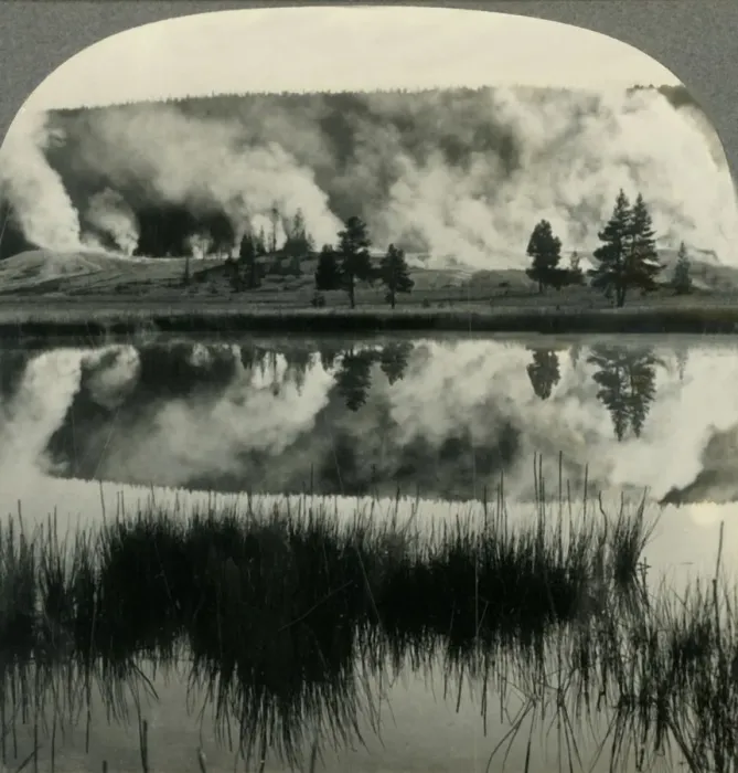 Framed Print : Sunrise in Yellowstone Park, over Upper Geyser Basin, Wyoming, c1930s. Creator: Unknown Framed Print : Sunrise in Yellowstone Park, over Upper Geyser Basin, Wyoming, c1930s. Creator: Unknown