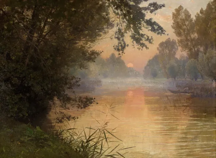 Framed Print : Sunset at the Banks of the Loing, 1896. Creator: Jean Henri Zuber Framed Print : Sunset at the Banks of the Loing, 1896. Creator: Jean Henri Zuber
