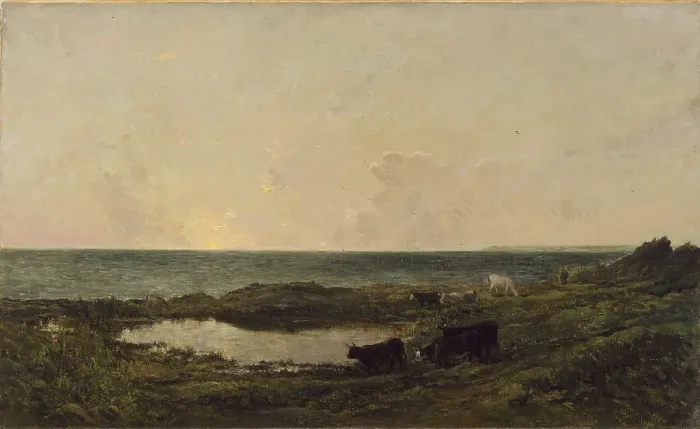 Framed Print : Sunset on the Coast at Villerville, 1855, with later retouching by the artist. Creator: Charles Francois Daubigny Framed Print : Sunset on the Coast at Villerville, 1855, with later retouching by the artist. Creator: Charles Francois Daubigny