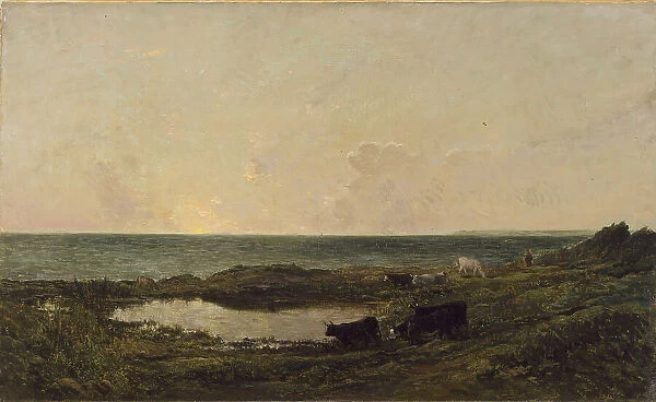 Sunset on the Coast at Villerville, 1855, with later retouching by the artist. Creator: Charles Francois Daubigny