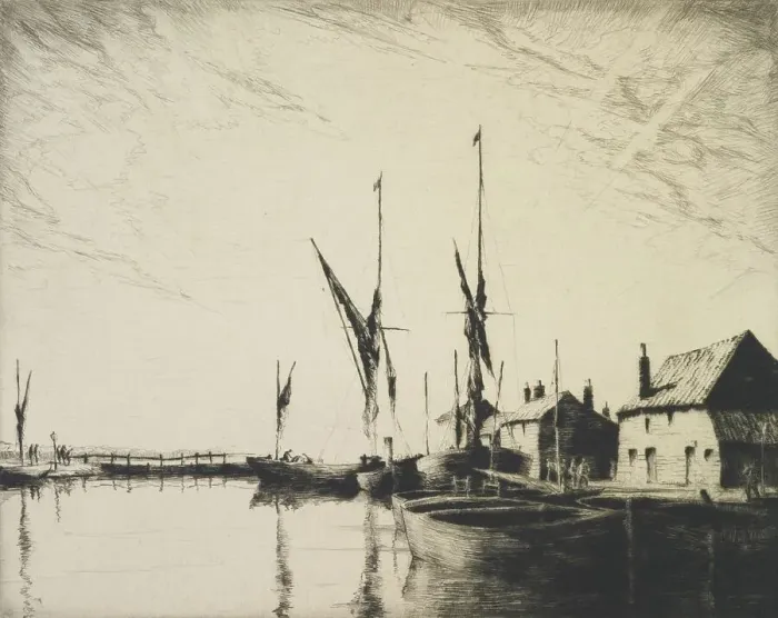 Framed Print : Sunset at Heybridge basin, 1924. Creator: Martin Hardie Framed Print : Sunset at Heybridge basin, 1924. Creator: Martin Hardie