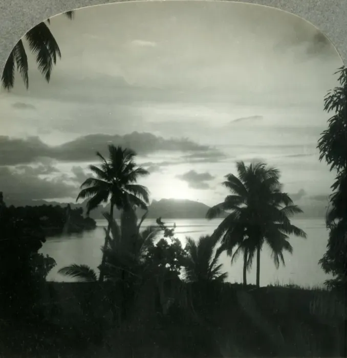 Framed Print : Sunset behind Moorea, Seen from Papeete, Island of Tahiti, c1930s. Creator: Unknown Framed Print : Sunset behind Moorea, Seen from Papeete, Island of Tahiti, c1930s. Creator: Unknown