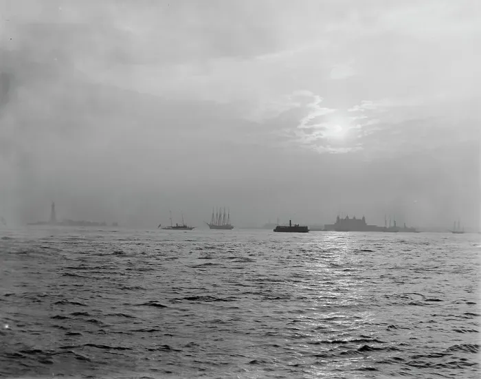 Framed Print : Sunset off the Battery, New York harbor, ca 1900. Creator: Unknown Framed Print : Sunset off the Battery, New York harbor, ca 1900. Creator: Unknown