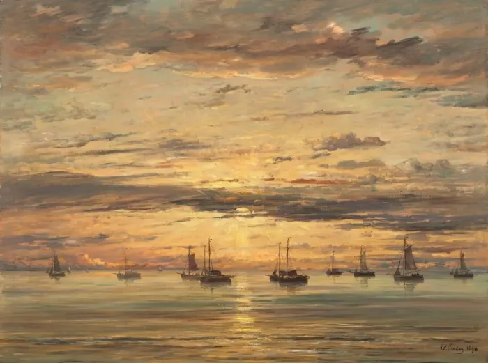 Framed Print : Sunset at Scheveningen: A Fleet of Fishing Vessels at Anchor, 1894 Framed Print : Sunset at Scheveningen: A Fleet of Fishing Vessels at Anchor, 1894