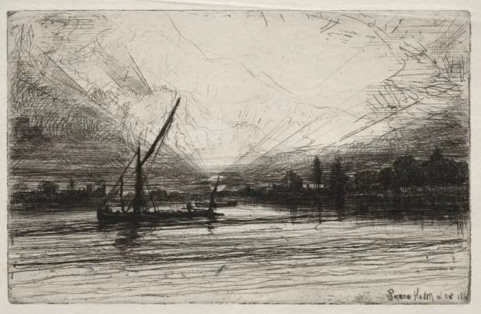 Framed Print : Sunset on the Thames, 1862. Creator: Francis Seymour Haden (British, 1818-1910)