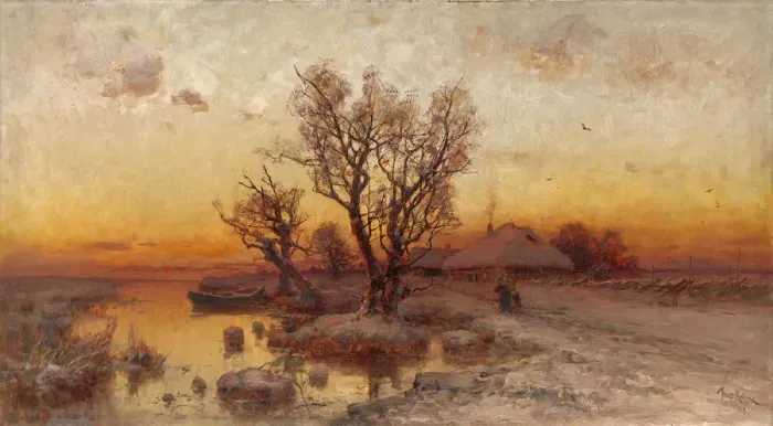 Framed Print : Sunset over a Ukrainian Hamlet, 1915. Artist: Klever, Juli Julievich (Julius), von (1850-1924) Framed Print : Sunset over a Ukrainian Hamlet, 1915. Artist: Klever, Juli Julievich (Julius), von (1850-1924)