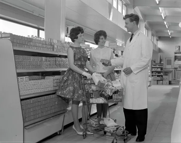 Framed Print : Supermarket shoppers and salesman, Co-op, Barnsley, South Yorkshire, 1961. Artist Framed Print : Supermarket shoppers and salesman, Co-op, Barnsley, South Yorkshire, 1961. Artist
