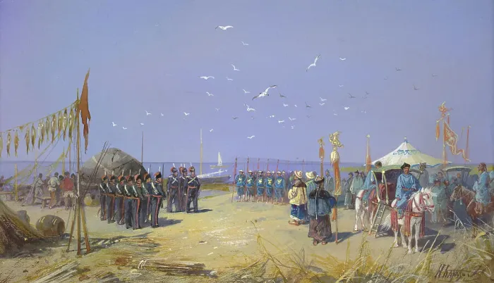 Framed Print : Supervisor of the Bukhtarma Fishing Unit Greeting the Chinese Amban, 18th century. Creator: Nikolay Nikolaevich Karazin Framed Print : Supervisor of the Bukhtarma Fishing Unit Greeting the Chinese Amban, 18th century. Creator: Nikolay Nikolaevich Karazin