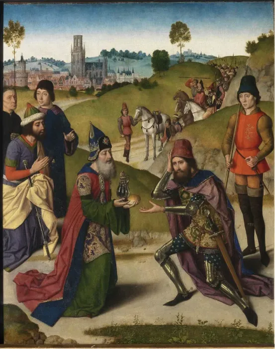 Framed Print : The Last Supper altarpiece: Meeting of Abraham and Melchizedek (left wing), 1464-1468. Artist: Bouts, Dirk (1410 / 20-1475) Framed Print : The Last Supper altarpiece: Meeting of Abraham and Melchizedek (left wing), 1464-1468. Artist: Bouts, Dirk (1410 / 20-1475)