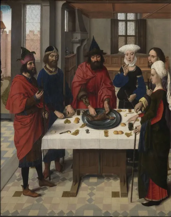 Framed Print : The Last Supper altarpiece: Passover Seder (left wing), 1464-1468. Artist: Bouts, Dirk (1410 / 20-1475) Framed Print : The Last Supper altarpiece: Passover Seder (left wing), 1464-1468. Artist: Bouts, Dirk (1410 / 20-1475)