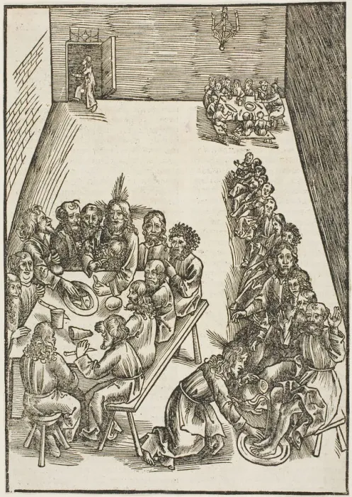 Framed Print : The Last Supper and Christ Washing the Feet of His Disciples, plate nine from Passio... c.1503. Creators: Urs Graf, Johann Knobloch Framed Print : The Last Supper and Christ Washing the Feet of His Disciples, plate nine from Passio... c.1503. Creators: Urs Graf, Johann Knobloch