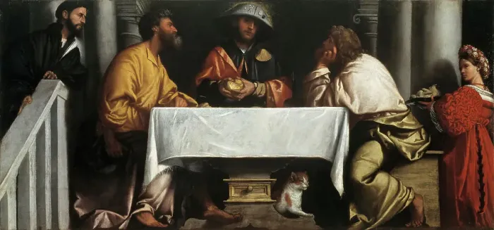 Framed Print : The Supper at Emmaus, c1526-1527. Creator: Moretto da Brescia, Alessandro (ca 1498 - 1554)