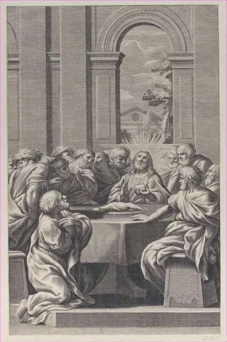 Framed Print : The Last Supper, the interior of a classical building with Christ and his apostles seat Framed Print : The Last Supper, the interior of a classical building with Christ and his apostles seat