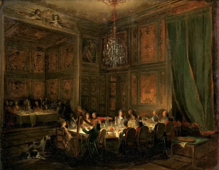 Framed Print : Supper of Prince de Conti at the Temple, 1766. Artist: Ollivier, Michel Barthelemy (1712-1784) Framed Print : Supper of Prince de Conti at the Temple, 1766. Artist: Ollivier, Michel Barthelemy (1712-1784)