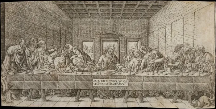 Framed Print : The Last Supper, with a Spaniel, ca. 1500. Creator: Giovan Pietro Birago Framed Print : The Last Supper, with a Spaniel, ca. 1500. Creator: Giovan Pietro Birago