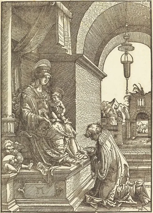 Framed Print : Suppliant Kneeling before the Virgin and Child, c. 1519. Creator: Albrecht Altdorfer Framed Print : Suppliant Kneeling before the Virgin and Child, c. 1519. Creator: Albrecht Altdorfer