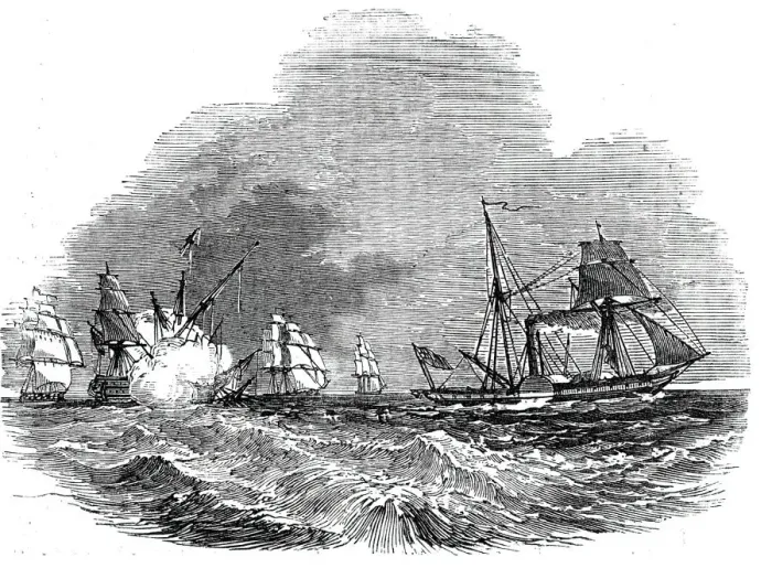 Framed Print : Supposed case of a steamer pursued by an enemy, 1844. Creator: Unknown Framed Print : Supposed case of a steamer pursued by an enemy, 1844. Creator: Unknown