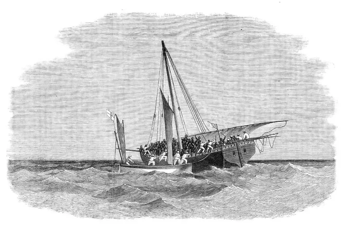 Framed Print : Suppression of the Slave Trade...coast of Africa:H.M.S. Daphne capturing a slave-dhow, 1869. Creator: Unknown Framed Print : Suppression of the Slave Trade...coast of Africa:H.M.S. Daphne capturing a slave-dhow, 1869. Creator: Unknown