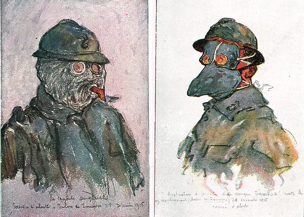 Sur le front d'artois - Feuilles d'Album de Jean Lefort; Masques contre les gaz, 1915 (1916). Creator: Jean Lefort