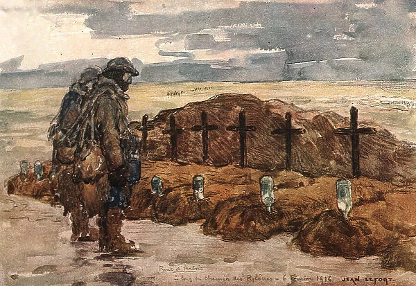 Sur le front d'artois (fevrier 1916); Tombes des camarades. (Chaque bouteille contient... 1916. Creator: Jean Lefort)