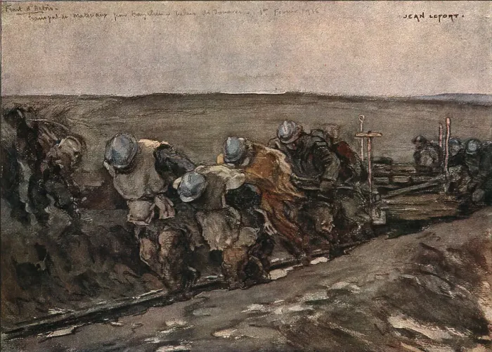 Framed Print : Sur le front d'artois (fevrier 1916); Transporte de materiaux pour tranchees, 1916. Creator: Jean Lefort Framed Print : Sur le front d'artois (fevrier 1916); Transporte de materiaux pour tranchees, 1916. Creator: Jean Lefort