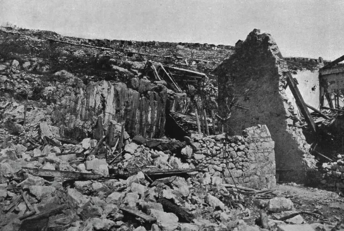 Framed Print : Sur le front Italien; Apres une action violente sur le Carso les ruines du village de Selz... 1916 Creator: Unknown