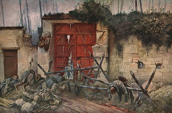 Sur les Champs de Bataille de 1918; une porte du parc chateau de Plessis-de-Roye, 1918. Creator: Francois Flameng