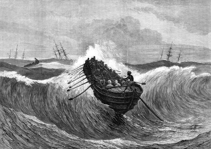 Framed Print : Surf-boat at Madras going out to a ship, 1876. Creator: J Greenaway Framed Print : Surf-boat at Madras going out to a ship, 1876. Creator: J Greenaway
