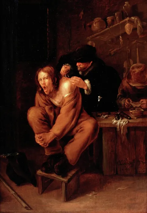 Framed Print : A surgeon applying medicine to a wound in the shoulder of a man in pain, 1649. Creator: Gerrit Lundens Framed Print : A surgeon applying medicine to a wound in the shoulder of a man in pain, 1649. Creator: Gerrit Lundens