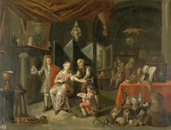 Framed Print : A surgeon letting blood from a woman's arm, and a physician examining a urine-flask, c1700s.. Creator: Balthasar van den Bossche. A surgeon letting blood from a woman's arm, and a physician examining a urine-flask, c1700s Framed Print : A surgeon letting blood from a woman's arm, and a physician examining a urine-flask, c1700s.. Creator: Balthasar van den Bossche. A surgeon letting blood from a woman's arm, and a physician examining a urine-flask, c1700s