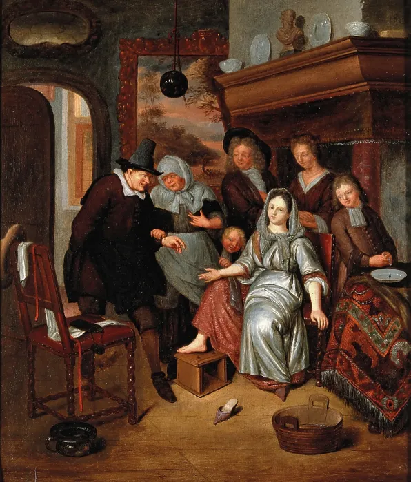 Framed Print : A surgeon preparing to let blood from the foot of a girl, in the presence of... c1680s. Creator: Richard Brakenburgh Framed Print : A surgeon preparing to let blood from the foot of a girl, in the presence of... c1680s. Creator: Richard Brakenburgh