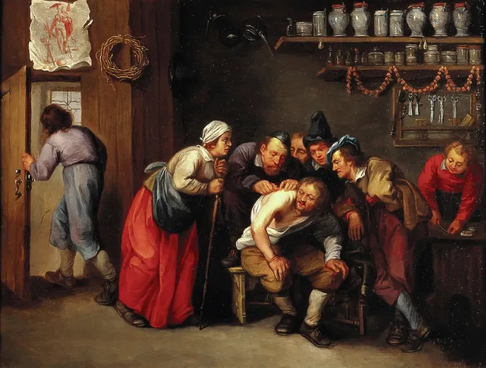 Framed Print : A surgeon removing a plaster from a man's back, with five people looking on, 1647 / 1667. Creator: Adriaen Rombouts. A surgeon removing a plaster from a man's back, with five people looking on, 1647 / 1667. Creator: Adriaen Rombouts Framed Print : A surgeon removing a plaster from a man's back, with five people looking on, 1647 / 1667. Creator: Adriaen Rombouts. A surgeon removing a plaster from a man's back, with five people looking on, 1647 / 1667. Creator: Adriaen Rombouts
