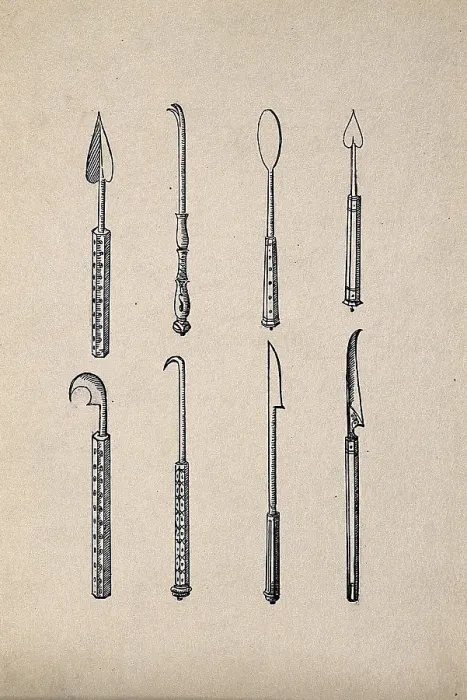 Framed Print : Surgical instruments, mainly spatulas and needles. Creator: Unknown Framed Print : Surgical instruments, mainly spatulas and needles. Creator: Unknown