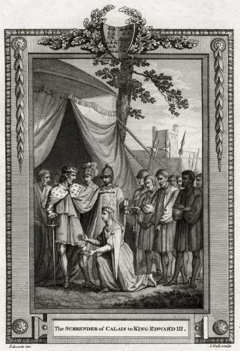 Framed Print : The Surrender of Calais to King Edward III, 1347, (1776). Artist: I Hall Framed Print : The Surrender of Calais to King Edward III, 1347, (1776). Artist: I Hall