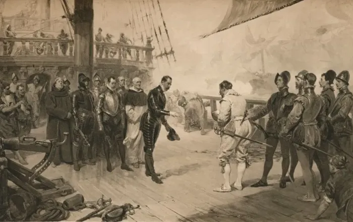 Framed Print : The surrender of Don Anton to Sir Francis Drake, 1 March 1579 (1905) Framed Print : The surrender of Don Anton to Sir Francis Drake, 1 March 1579 (1905)