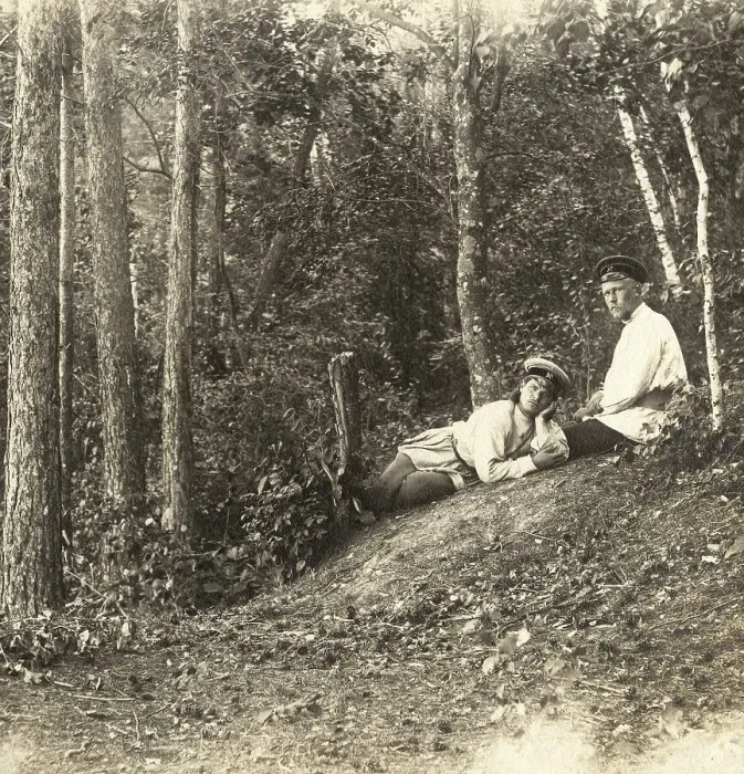 Framed Print : Survey engineers N.N. Vylezhinsky and A.M. Vikhman on vacation in the forest, 1909. Creator: Vladimir Ivanovich Fedorov Framed Print : Survey engineers N.N. Vylezhinsky and A.M. Vikhman on vacation in the forest, 1909. Creator: Vladimir Ivanovich Fedorov