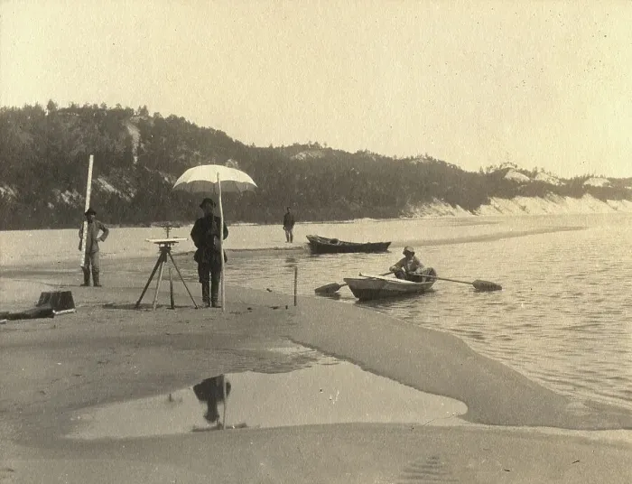Framed Print : A survey group with instruments on the right bank of the Zeya River, 1909. Creator: Vladimir Ivanovich Fedorov Framed Print : A survey group with instruments on the right bank of the Zeya River, 1909. Creator: Vladimir Ivanovich Fedorov