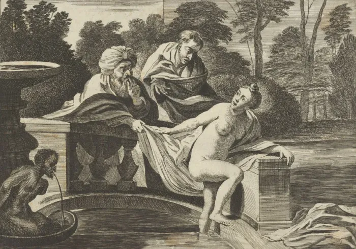 Framed Print : Susanna, partly naked and stepping out of a fountain with two elders at left, one o Framed Print : Susanna, partly naked and stepping out of a fountain with two elders at left, one o